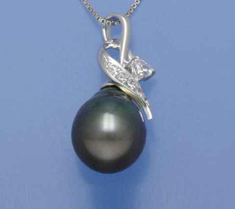 Sterling Silver Pendant with 10-10.5mm Drop Shape Tahitian Pearl and Cubic Zirconia