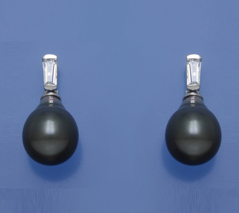 Sterling Silver Earrings with 10-10.5mm Drop Shape Tahitian Pearl and Cubic Zirconia - Wing Wo Hing Jewelry Group - Pearl Jewelry Manufacturer