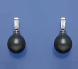 Sterling Silver Earrings with 10-10.5mm Drop Shape Tahitian Pearl and Cubic Zirconia - Wing Wo Hing Jewelry Group - Pearl Jewelry Manufacturer