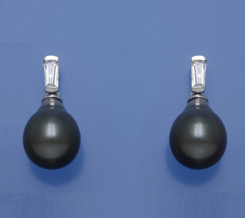 Sterling Silver Earrings with 10-10.5mm Drop Shape Tahitian Pearl and Cubic Zirconia