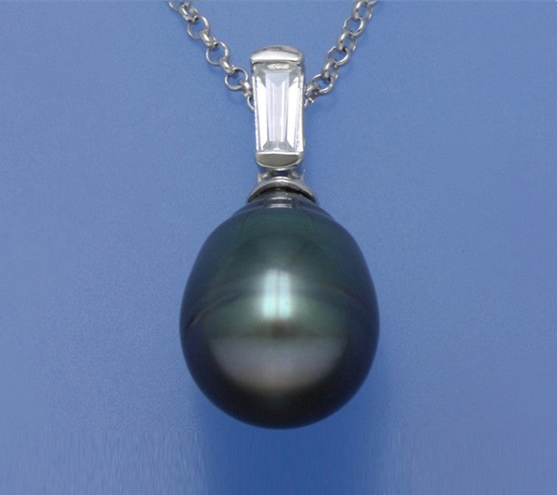 Sterling Silver Pendant with 10-10.5mm Drop Shape Tahitian Pearl and Cubic Zirconia - Wing Wo Hing Jewelry Group - Pearl Jewelry Manufacturer