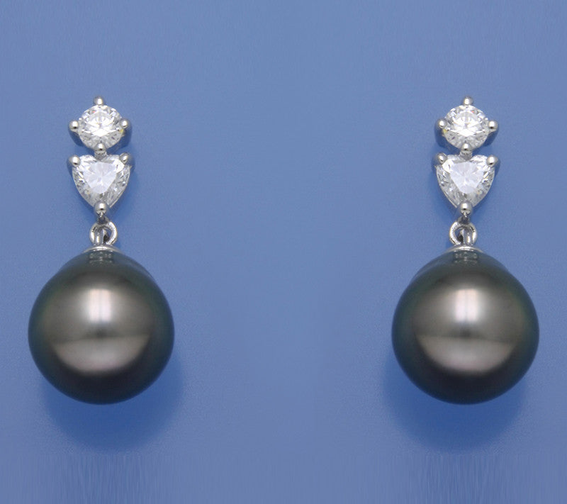 Sterling Silver Earrings with 10.5-11mm Drop Shape Tahitian Pearl and Cubic Zirconia - Wing Wo Hing Jewelry Group - Pearl Jewelry Manufacturer