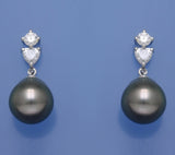 Sterling Silver Earrings with 10.5-11mm Drop Shape Tahitian Pearl and Cubic Zirconia - Wing Wo Hing Jewelry Group - Pearl Jewelry Manufacturer