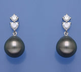 Sterling Silver Earrings with 10.5-11mm Drop Shape Tahitian Pearl and Cubic Zirconia - Wing Wo Hing Jewelry Group - Pearl Jewelry Manufacturer