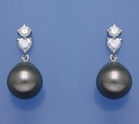 Sterling Silver Earrings with 10.5-11mm Drop Shape Tahitian Pearl and Cubic Zirconia