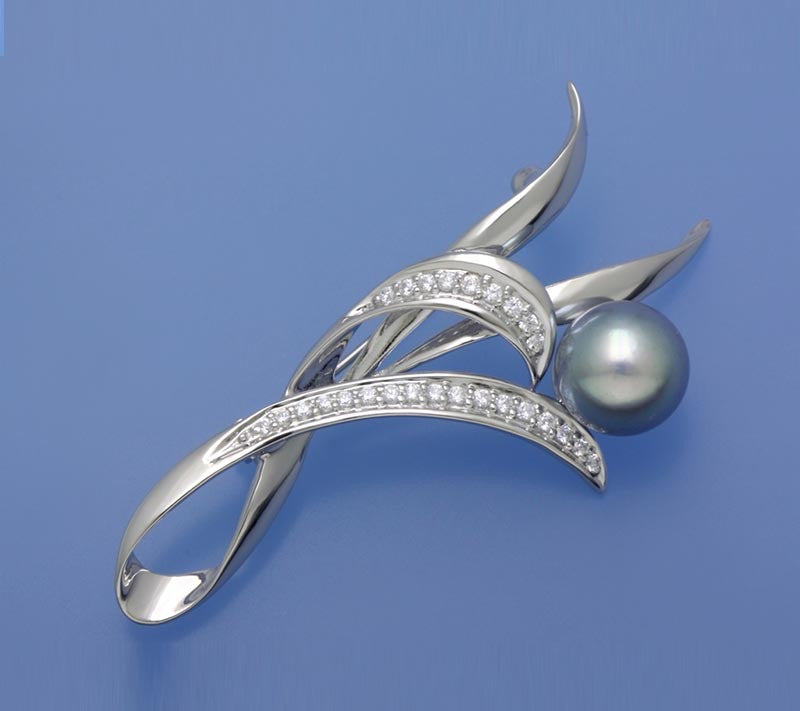 Sterling Silver Brooch with 10.5-11mm Round Shape Tahitian Pearl and Cubic Zirconia - Wing Wo Hing Jewelry Group - Pearl Jewelry Manufacturer