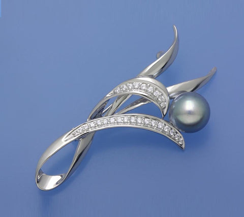 Sterling Silver Brooch with 10.5-11mm Round Shape Tahitian Pearl and Cubic Zirconia