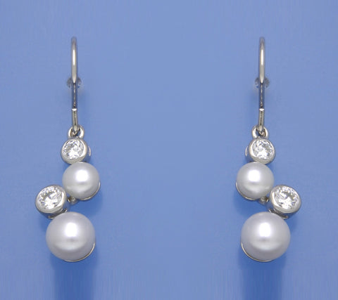 Sterling Silver Earrings with Button Shape Freshwater Pearl and Cubic Zirconia