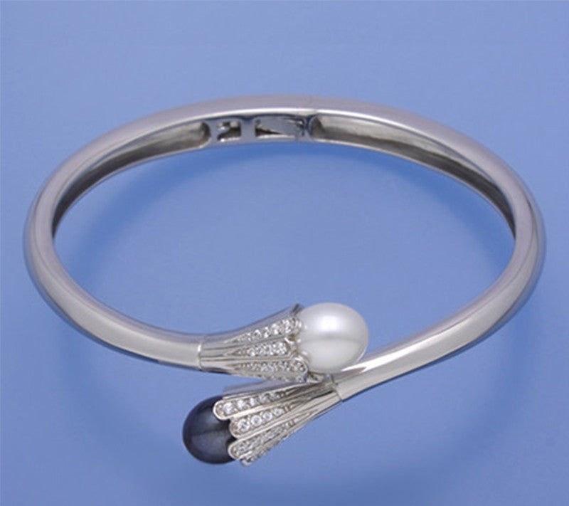 Sterling Silver Bangle with 8.5-9mm White and Black Oval Shape Freshwater Pearl and Cubic Zirconia - Wing Wo Hing Jewelry Group - Pearl Jewelry Manufacturer
