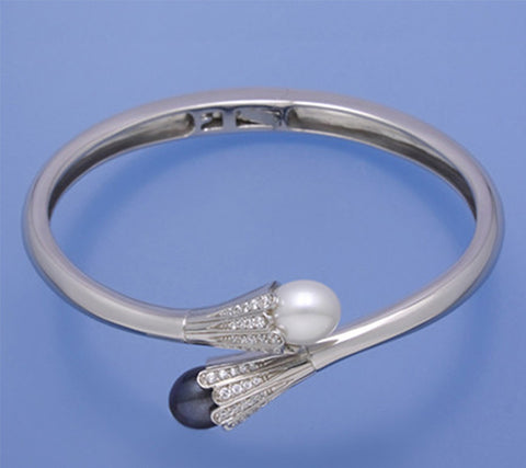 Sterling Silver Bangle with 8.5-9mm White and Black Oval Shape Freshwater Pearl and Cubic Zirconia