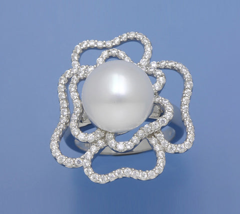 Sterling Silver Ring with 12-12.5mm Button Shape Freshwater Pearl and Cubic Zirconia