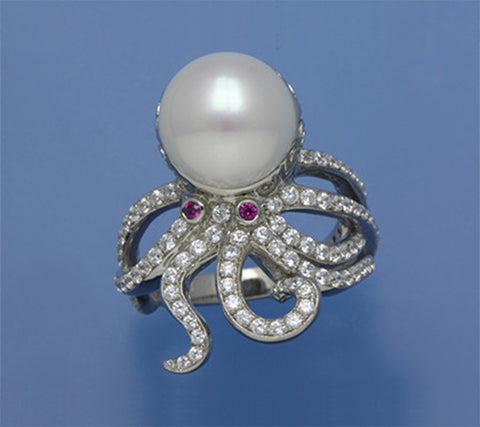 Sterling Silver Ring with 10.5-11mm Button Shape Freshwater Pearl, Red Corundum and Cubic Zirconia