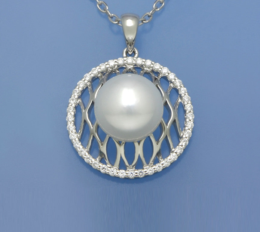 Sterling Silver Pendant with 10.5-11mm Button Shape Freshwater Pearl and Cubic Zirconia - Wing Wo Hing Jewelry Group - Pearl Jewelry Manufacturer