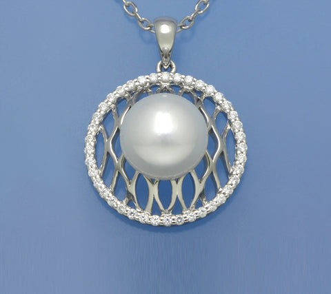 Sterling Silver Pendant with 10.5-11mm Button Shape Freshwater Pearl and Cubic Zirconia