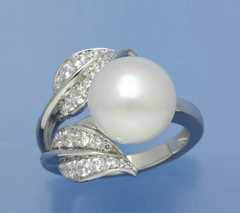 Sterling Silver Ring with 11-11.5mm Button Shape Freshwater Pearl and Cubic Zirconia