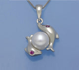 Sterling Silver Pendant with 6.5-7mm Button Shape Freshwater Pearl and Red Corundum - Wing Wo Hing Jewelry Group - Pearl Jewelry Manufacturer