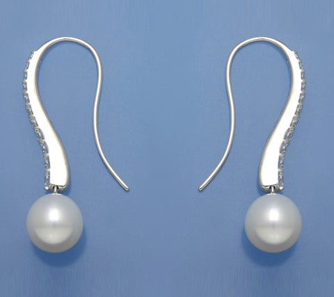 Sterling Silver Earrings with 9.5-10mm Drop Shape Freshwater Pearl and Cubic Zirconia