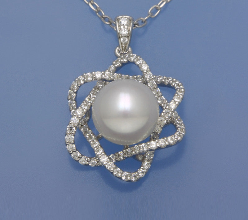 Sterling Silver Pendant with 10-10.5mm Button Shape Freshwater Pearl and Cubic Zirconia - Wing Wo Hing Jewelry Group - Pearl Jewelry Manufacturer