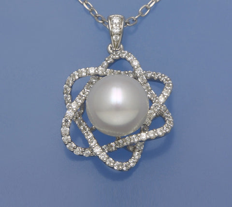 Sterling Silver Pendant with 10-10.5mm Button Shape Freshwater Pearl and Cubic Zirconia