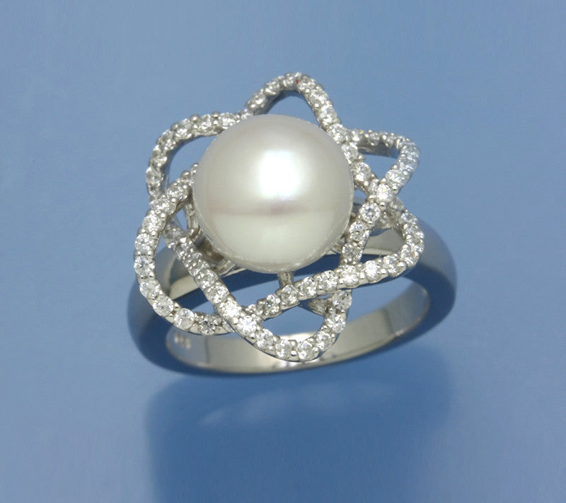 Sterling Silver Ring with 10-10.5mm Button Shape Freshwater Pearl and Cubic Zirconia - Wing Wo Hing Jewelry Group - Pearl Jewelry Manufacturer