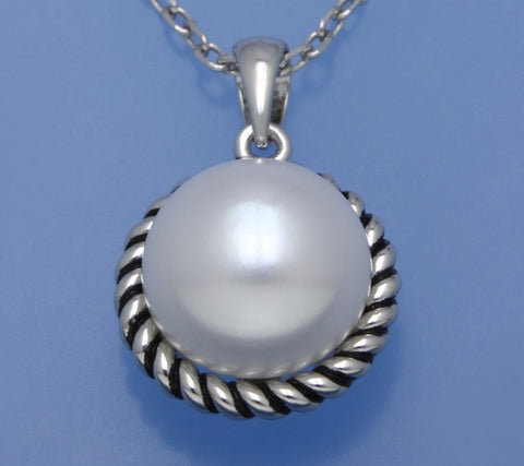 White and Black Plated Pendant with 11.5-12mm Button Shape Freshwater Pearl
