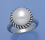White and Black Plated Silver Ring with 11.5-12mm Button Shape Freshwater Pearl - Wing Wo Hing Jewelry Group - Pearl Jewelry Manufacturer