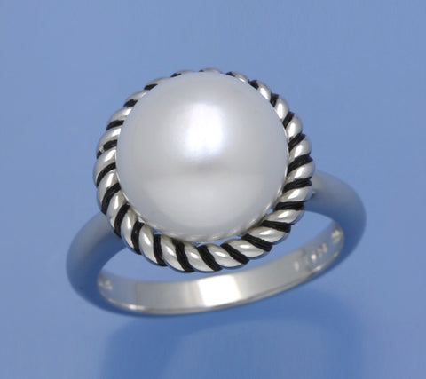White and Black Plated Silver Ring with 11.5-12mm Button Shape Freshwater Pearl