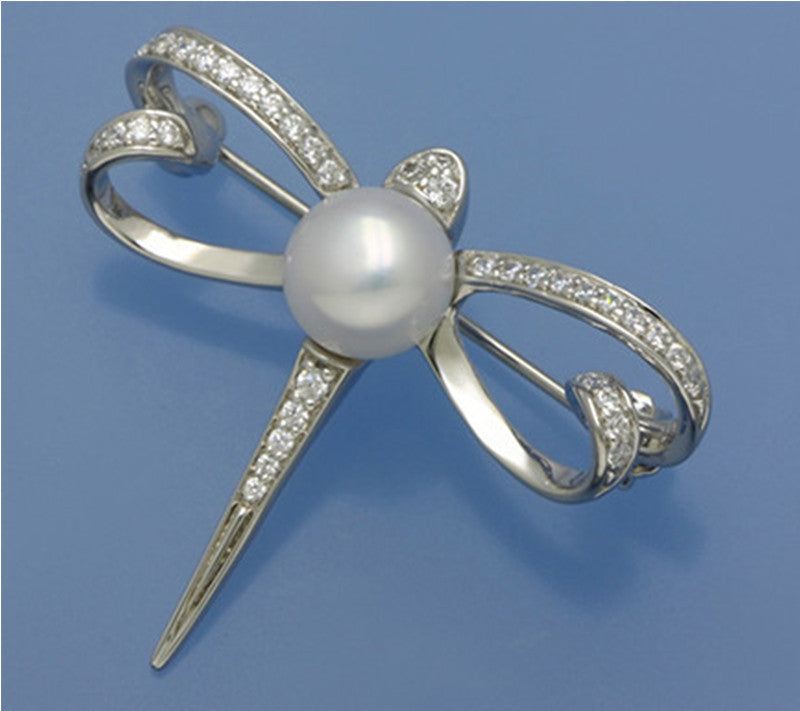 Sterling Silver Brooch with 7.5-8mm Button Shape Freshwater Pearl and Cubic Zirconia - Wing Wo Hing Jewelry Group - Pearl Jewelry Manufacturer