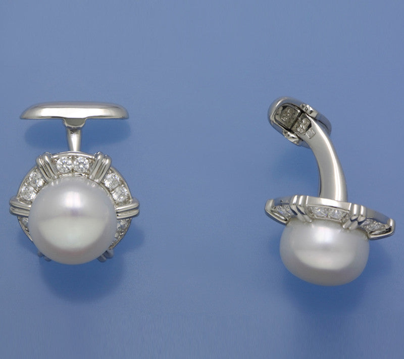 Sterling Silver Cufflink with 12-12.5mm Button Shape Freshwater Pearl and Cubic Zirconia - Wing Wo Hing Jewelry Group - Pearl Jewelry Manufacturer