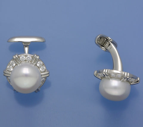 Sterling Silver Cufflink with 12-12.5mm Button Shape Freshwater Pearl and Cubic Zirconia