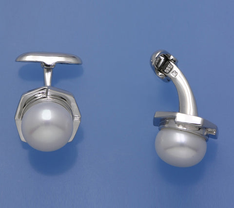 Sterling Silver Cufflink with 11-11.5mm Button Shape Freshwater Pearl