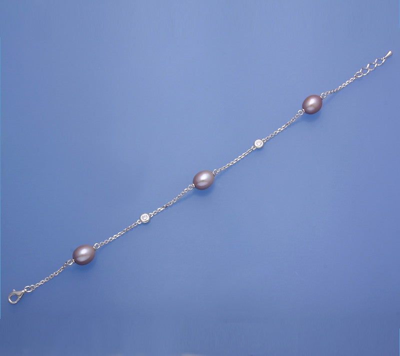 Sterling Silver Bracelet with 8-8.5mm Oval Shape Freshwater Pearl and Cubic Zirconia - Wing Wo Hing Jewelry Group - Pearl Jewelry Manufacturer
