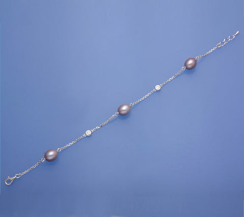 Sterling Silver Bracelet with 8-8.5mm Oval Shape Freshwater Pearl and Cubic Zirconia
