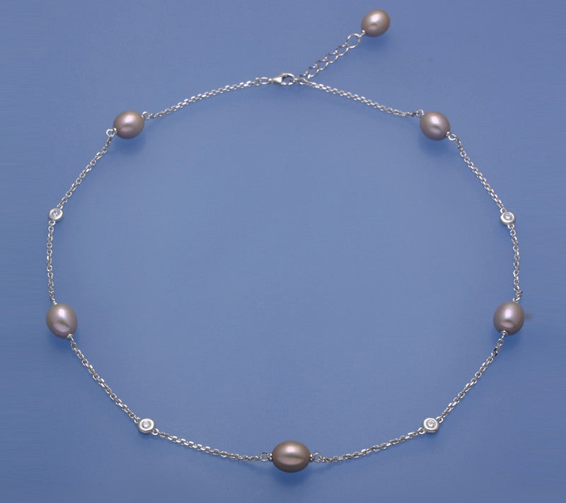 Sterling Silver Necklace 8-8.5mm Oval Shape Freshwater Pearl and Cubic Zirconia - Wing Wo Hing Jewelry Group - Pearl Jewelry Manufacturer