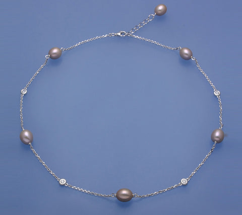 Sterling Silver Necklace 8-8.5mm Oval Shape Freshwater Pearl and Cubic Zirconia