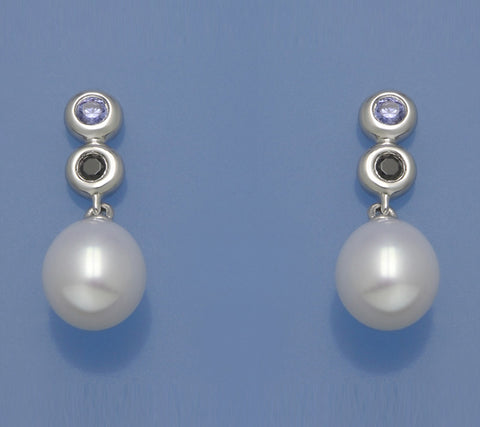 Sterling Silver Earrings with 8-8.5mm Oval Shape Freshwater Pearl and Cubic Zirconia