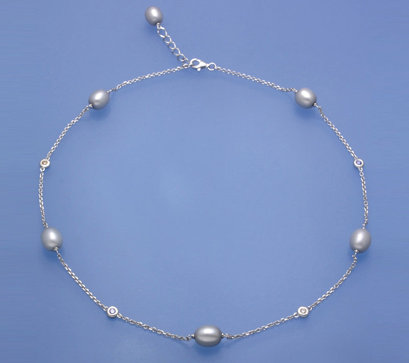 Sterling Silver Necklace with 8-8.5mm Oval Shape Freshwater Pearl and Cubic Zirconia - Wing Wo Hing Jewelry Group - Pearl Jewelry Manufacturer