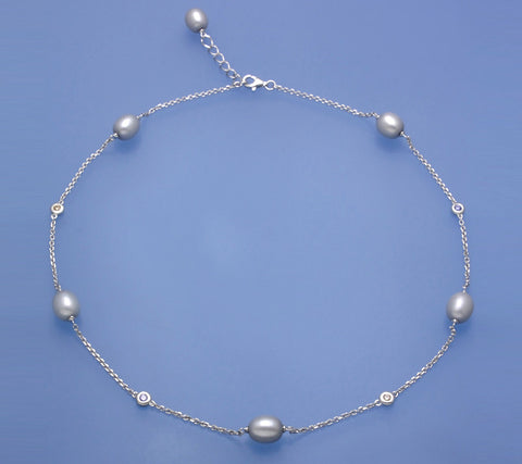 Sterling Silver Necklace with 8-8.5mm Oval Shape Freshwater Pearl and Cubic Zirconia