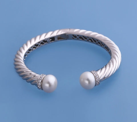 Sterling Silver Bangle with 11.5-12mm Button Shape Freshwater Pearl and Cubic Zirconia