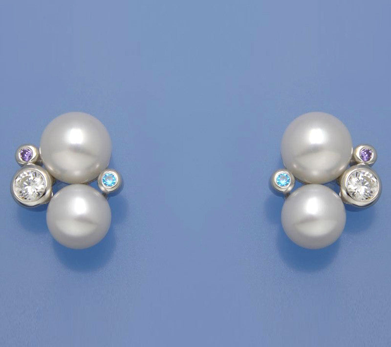 Sterling Silver Earrings with 7-8.5mm Button Shape Freshwater Pearl and Cubic Zirconia - Wing Wo Hing Jewelry Group - Pearl Jewelry Manufacturer