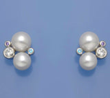 Sterling Silver Earrings with 7-8.5mm Button Shape Freshwater Pearl and Cubic Zirconia - Wing Wo Hing Jewelry Group - Pearl Jewelry Manufacturer