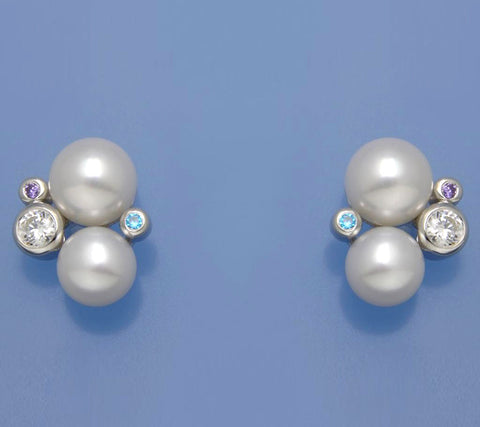 Sterling Silver Earrings with 7-8.5mm Button Shape Freshwater Pearl and Cubic Zirconia