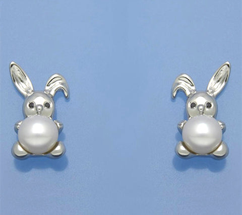 Sterling Silver Earrings with 6-6.5mm Button Shape Freshwater Pearl and Cubic Zirconia