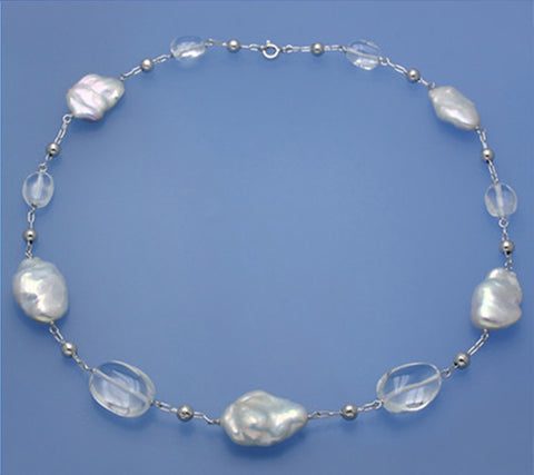 Sterling Silver Necklace with Baroque Shape Freshwater Pearl and Quartz Clear