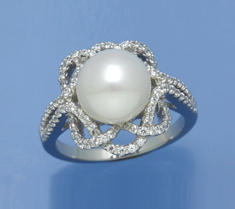 Sterling Silver Ring with 9.5-10mm Button Shape Freshwater Pearl and Cubic Zirconia - Wing Wo Hing Jewelry Group - Pearl Jewelry Manufacturer