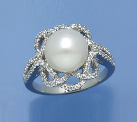 Sterling Silver Ring with 9.5-10mm Button Shape Freshwater Pearl and Cubic Zirconia