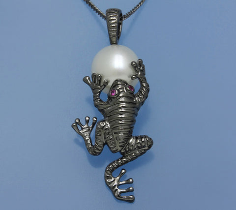 Black Plated Silver Pendant with 9-9.5mm Full Shinny Freshwater Pearl and Cubic Zirconia