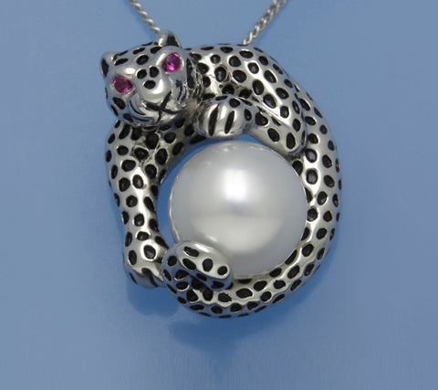White and Black Plated Silver Pendant with 10-10.5mm Button Shape Freshwater Pearl and Cubic Zirconia