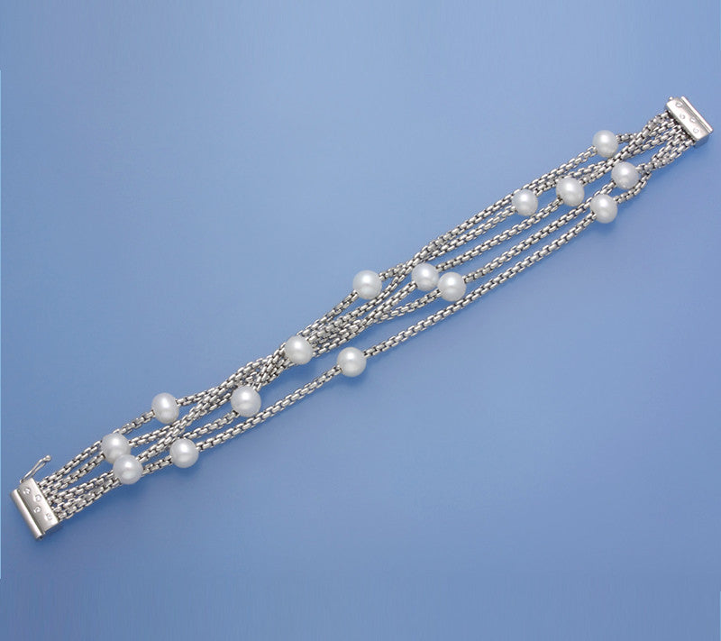 Sterling Silver Bracelet with 6.5-7mm Potato Shape Freshwater Pearl and Cubic Zirconia - Wing Wo Hing Jewelry Group - Pearl Jewelry Manufacturer