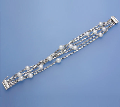 Sterling Silver Bracelet with 6.5-7mm Potato Shape Freshwater Pearl and Cubic Zirconia